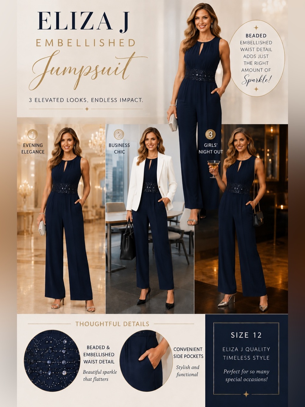 Eliza J Blue Beaded Waist Sleeveless Jumpsuit Size 12